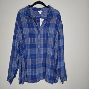 J. Jill Womens 3X Oceanic Blue Multi Textured Plaid Popover Tunic Shirt